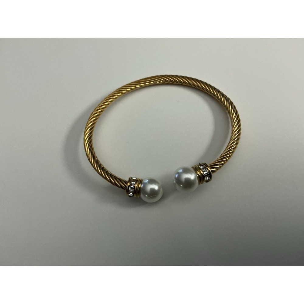Gold Plated Cable Cuff Bracelet Pearl CZ Ends Waterproof Brass Adjustable 7in